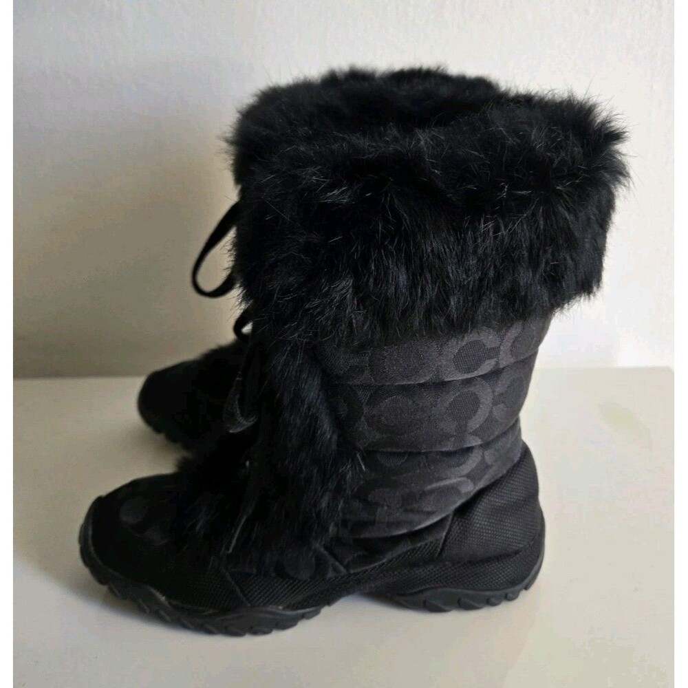 Coach Jennie Q522 Rabbit Fur Trim Monogram Jacquard Snow Boots Black Size 6.5B - Picture 2 of 7